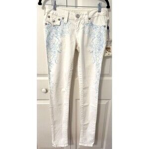 Women’s White Jeans with Light Blue Paisley Print